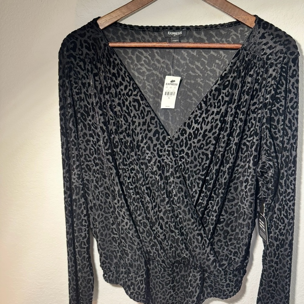 Express Black Leopard Burnout Mesh Wrap Bodysuit